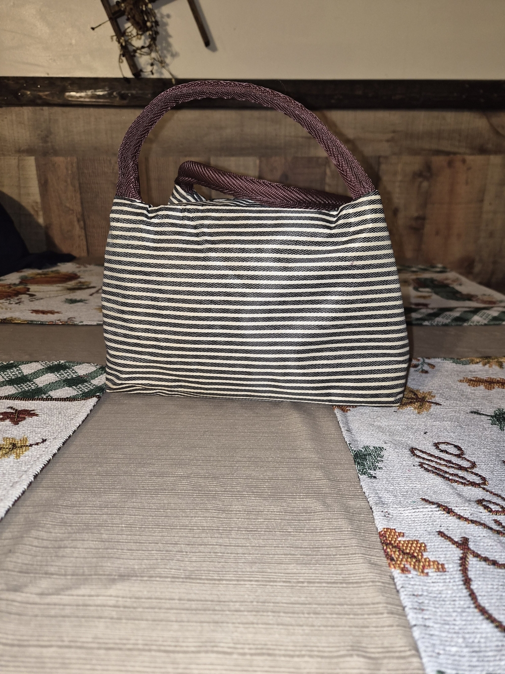 Striped Canvas Handbag with Brown Handles